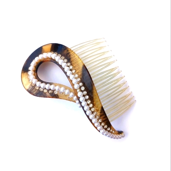 VINTAGE HAIRCOMB tortoise shell faux pearls rhinestones hairclip large - Picture 1 of 7